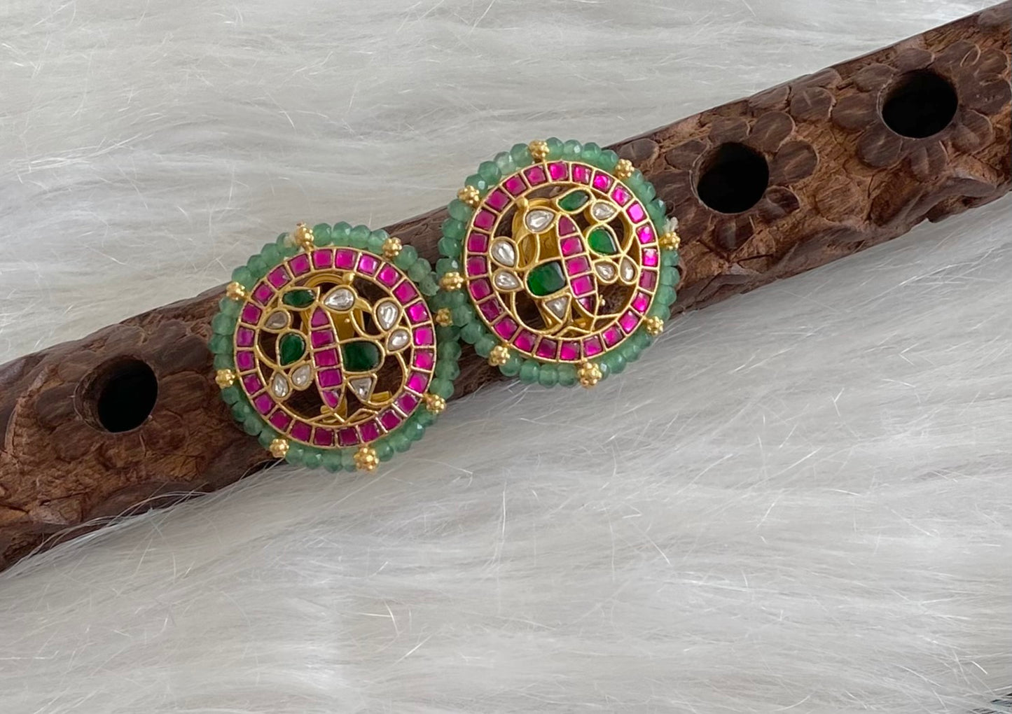 Gold tone pink-green-white kundan jadau green beaded peacock round stud/earrings dj-54578