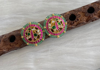 Gold tone pink-green-white kundan jadau green beaded peacock round stud/earrings dj-54578