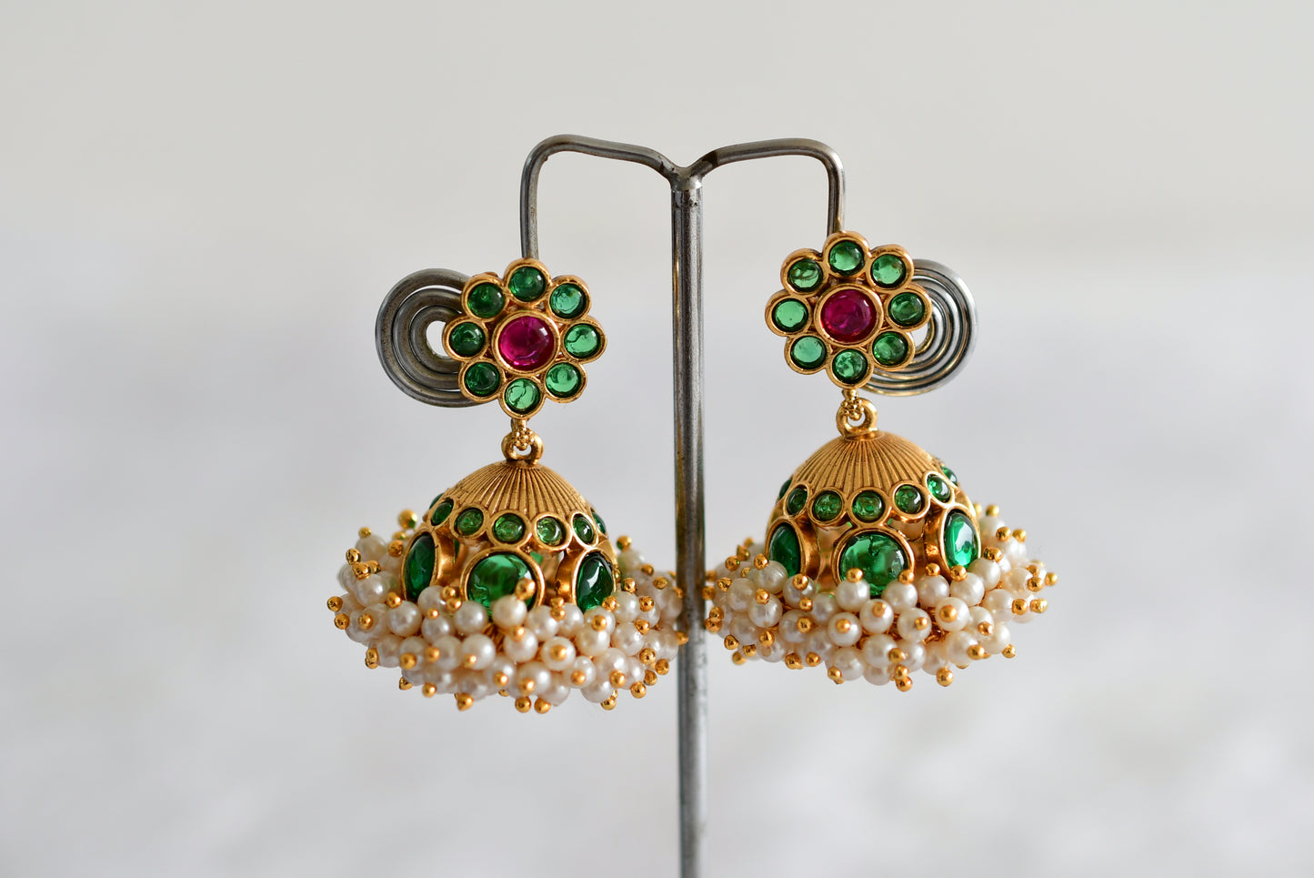 Matte finish green-kemp pearl cluster flower jhumkka dj-51859
