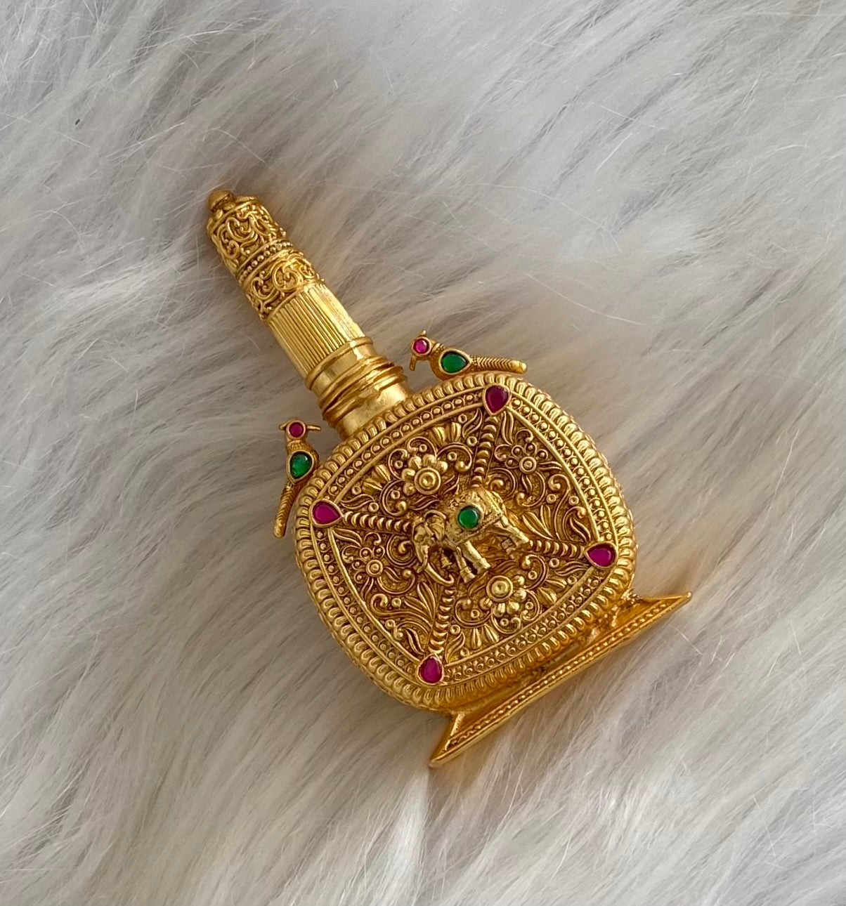 Gold tone pink -green bird elephant kumkum box dj-54222