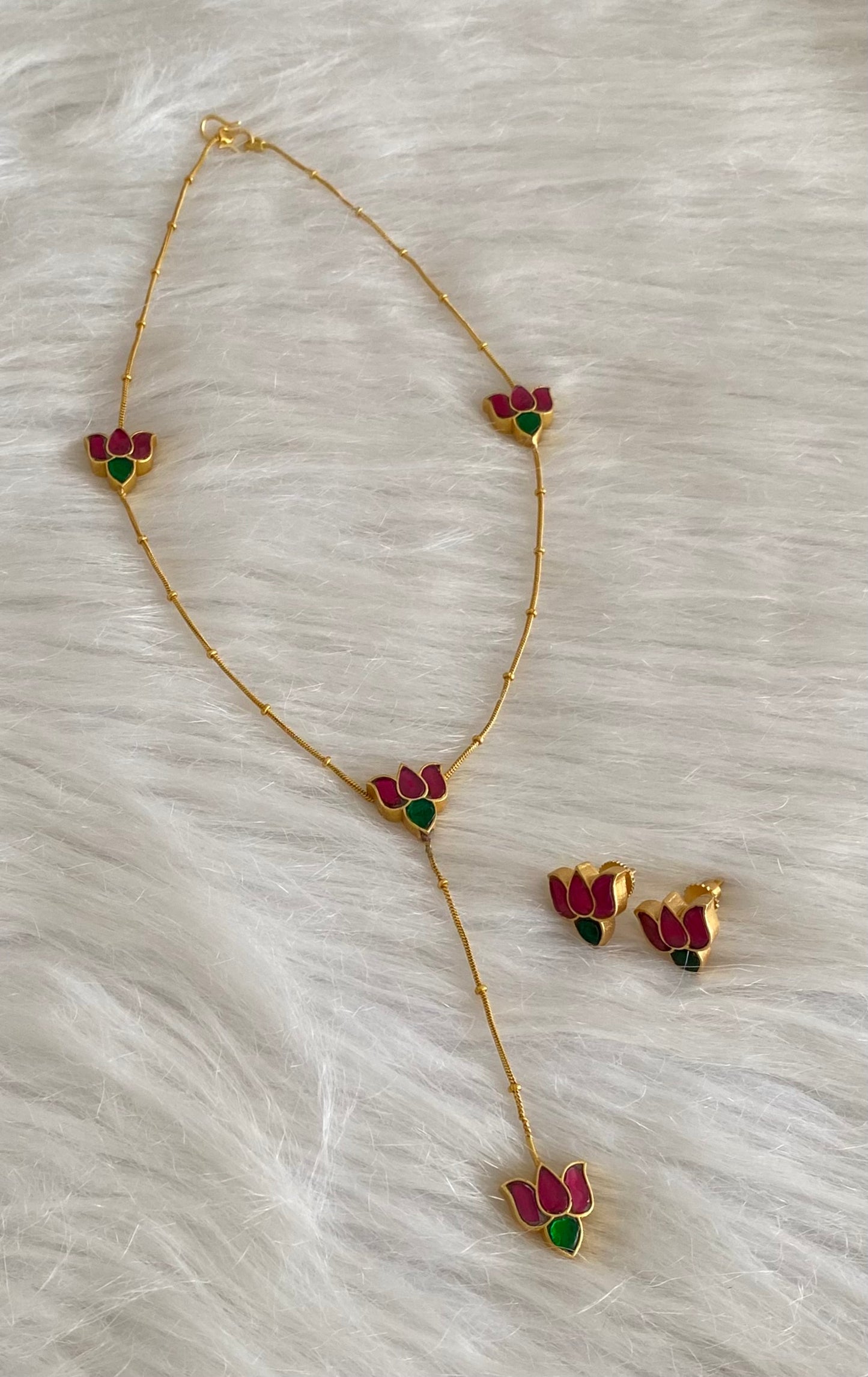 Gold tone pink-green kundan jadau lotus chain/necklace set dj-54505