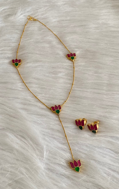 Gold tone pink-green kundan jadau lotus chain/necklace set dj-54505