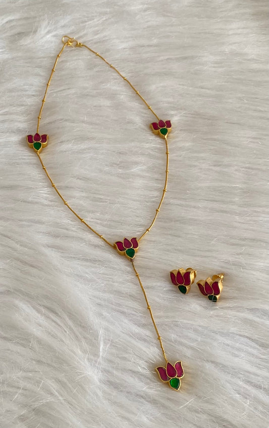 Gold tone pink-green kundan jadau lotus chain/necklace set dj-54505