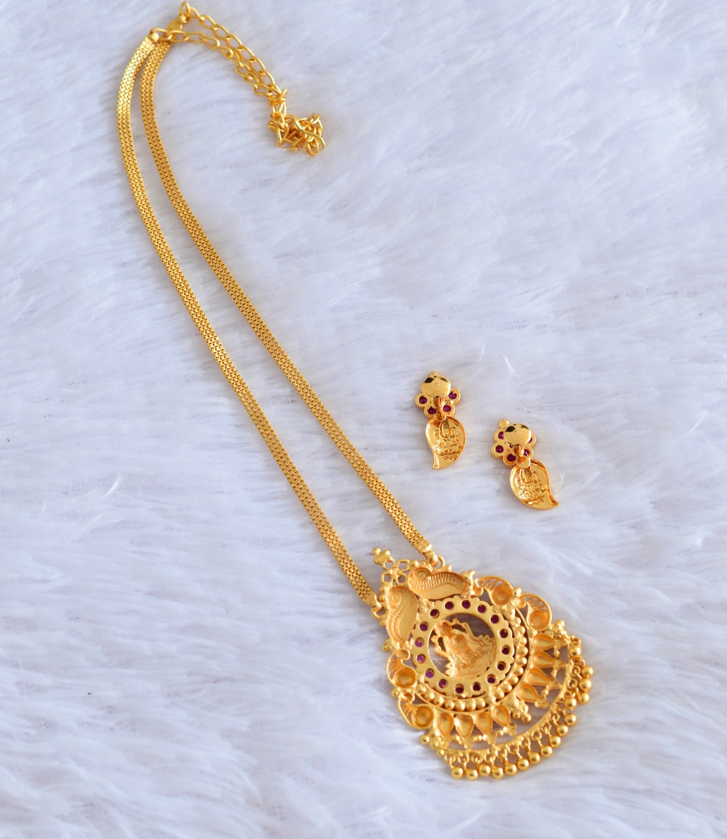 Gold tone pink stone lakshmi necklace set dj-53052