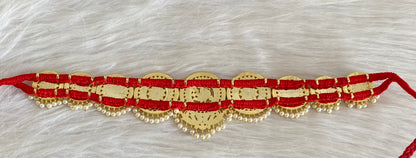 Gold tone precious kemp-green-white pearl peacock flower round waist band dj-54735