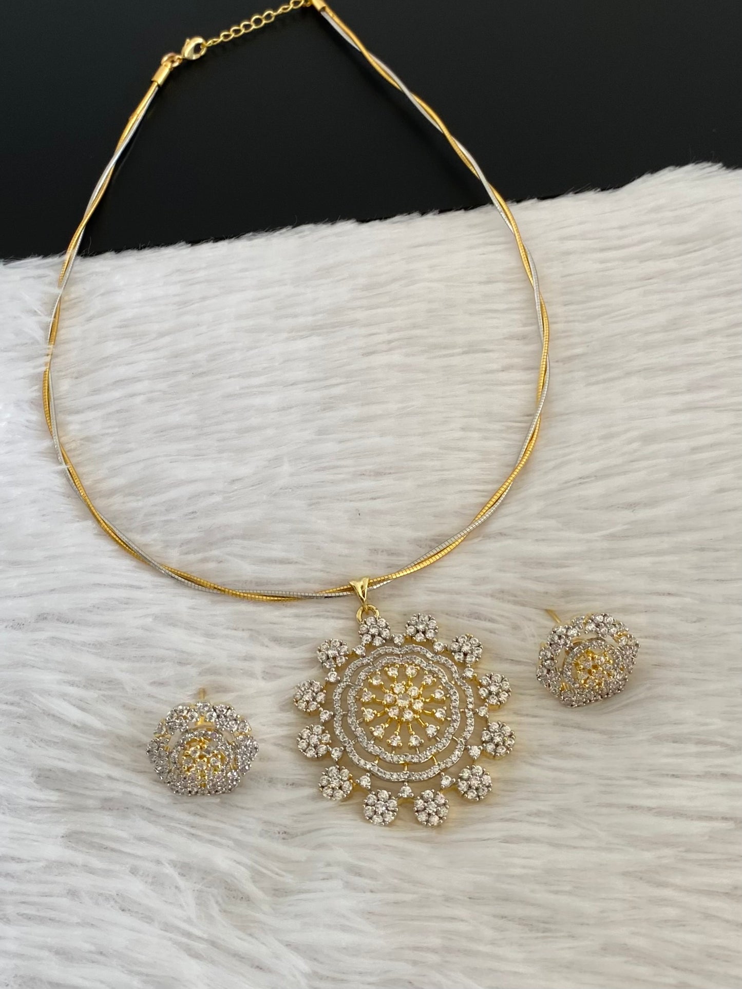 Two tone cz round flower pendant set with kanti necklace dj-54034