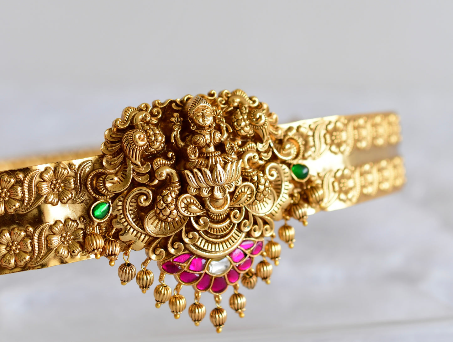 Antique gold tone pink-green-white kundan jadau Lakshmi peacock waist band dj-52183