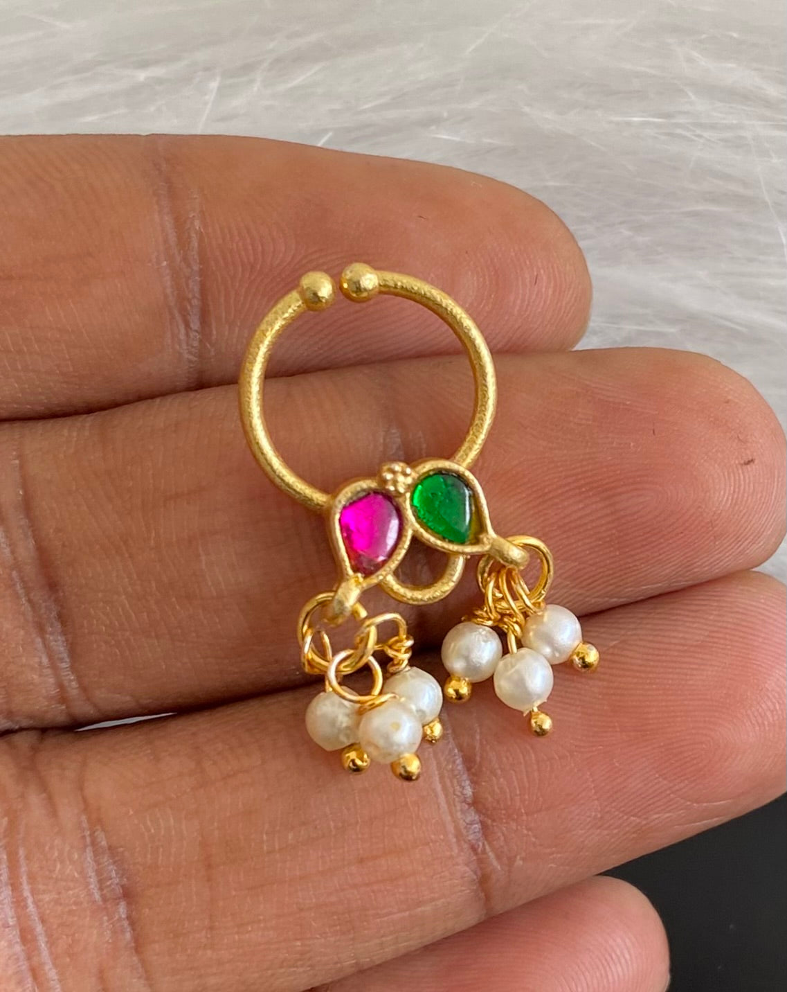 Gold tone kundan jadau green-pink stone pearl nose pin/bulakku dj-53805
