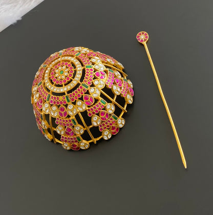 Matte finish kudan jadau bun cage-hair accessory with stick Dj-53637