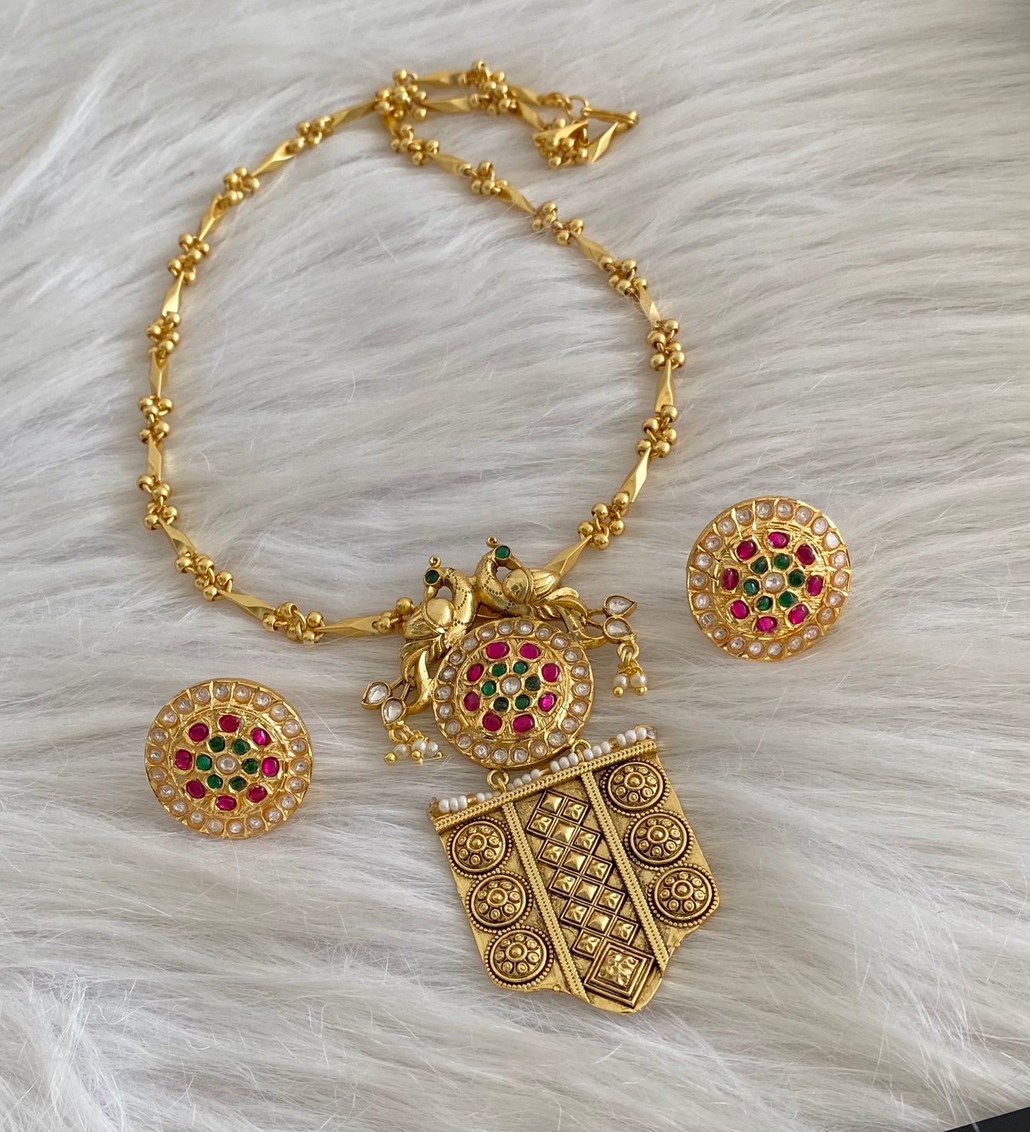 Antique gold tone Kundan jadau peacock chain with pendant set dj-53853