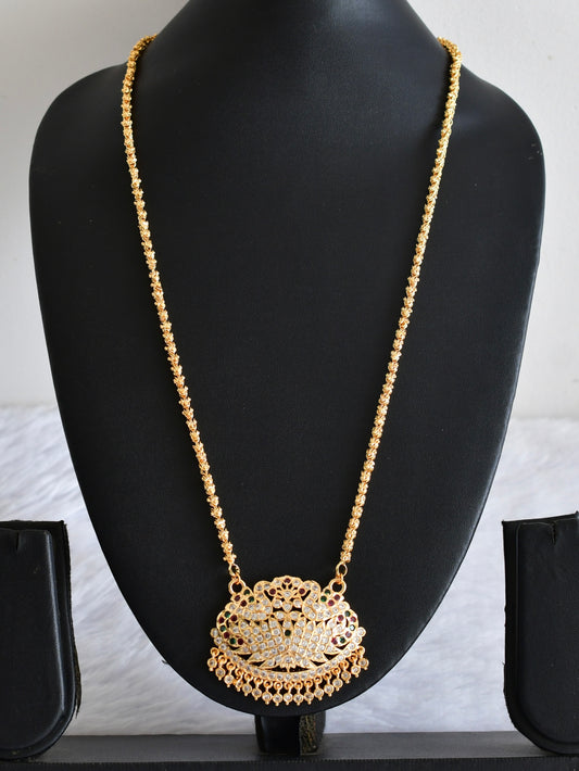 Gold tone AD white-pink-green swan pendant with chain dj-53322