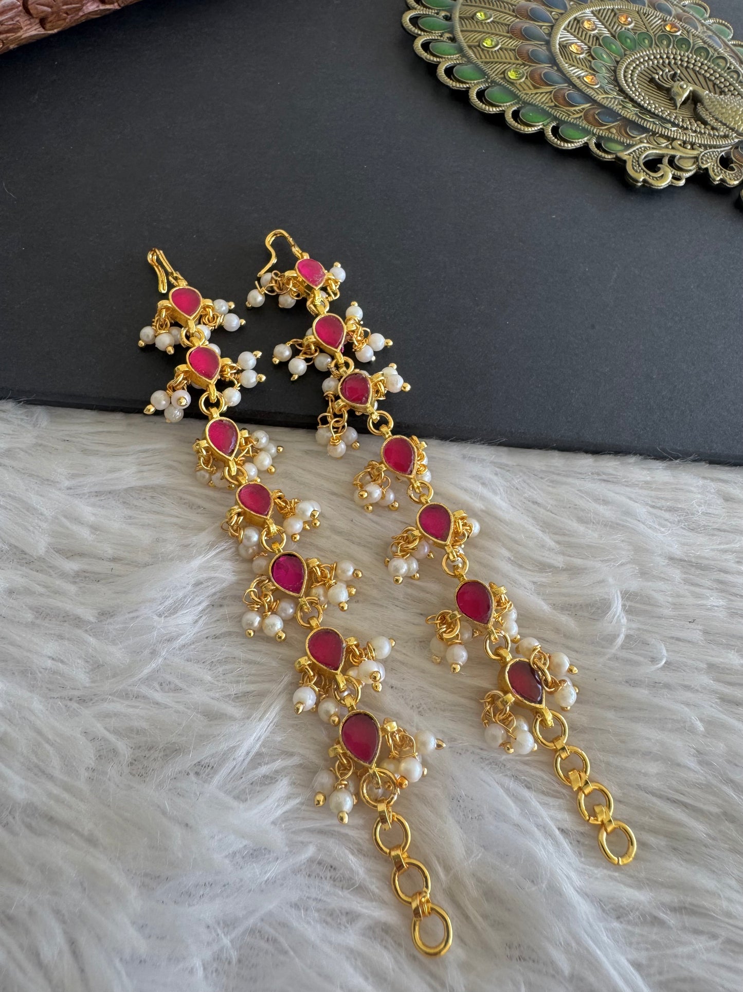 Gold tone pink kundan jadau pearl ear side chain dj-52048