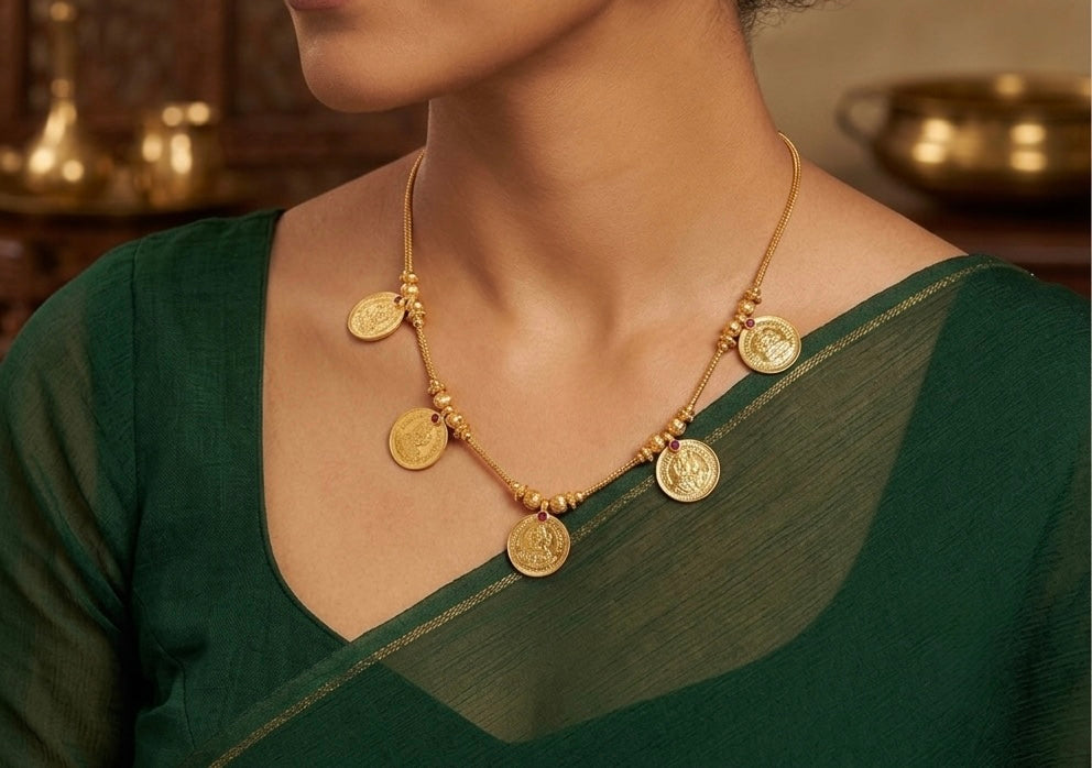 Gold tone pink stone lakshmi coin necklace dj-54147