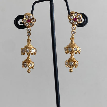 Gold tone ad pink-white stone south indian step jhumkka dj-54893