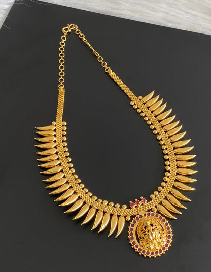 Gold tone kerala style pink stone mulla mottu lakshmi necklace dj-54134