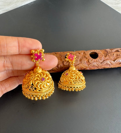 Gold tone pink Kerala style flower jhumkka dj-51356