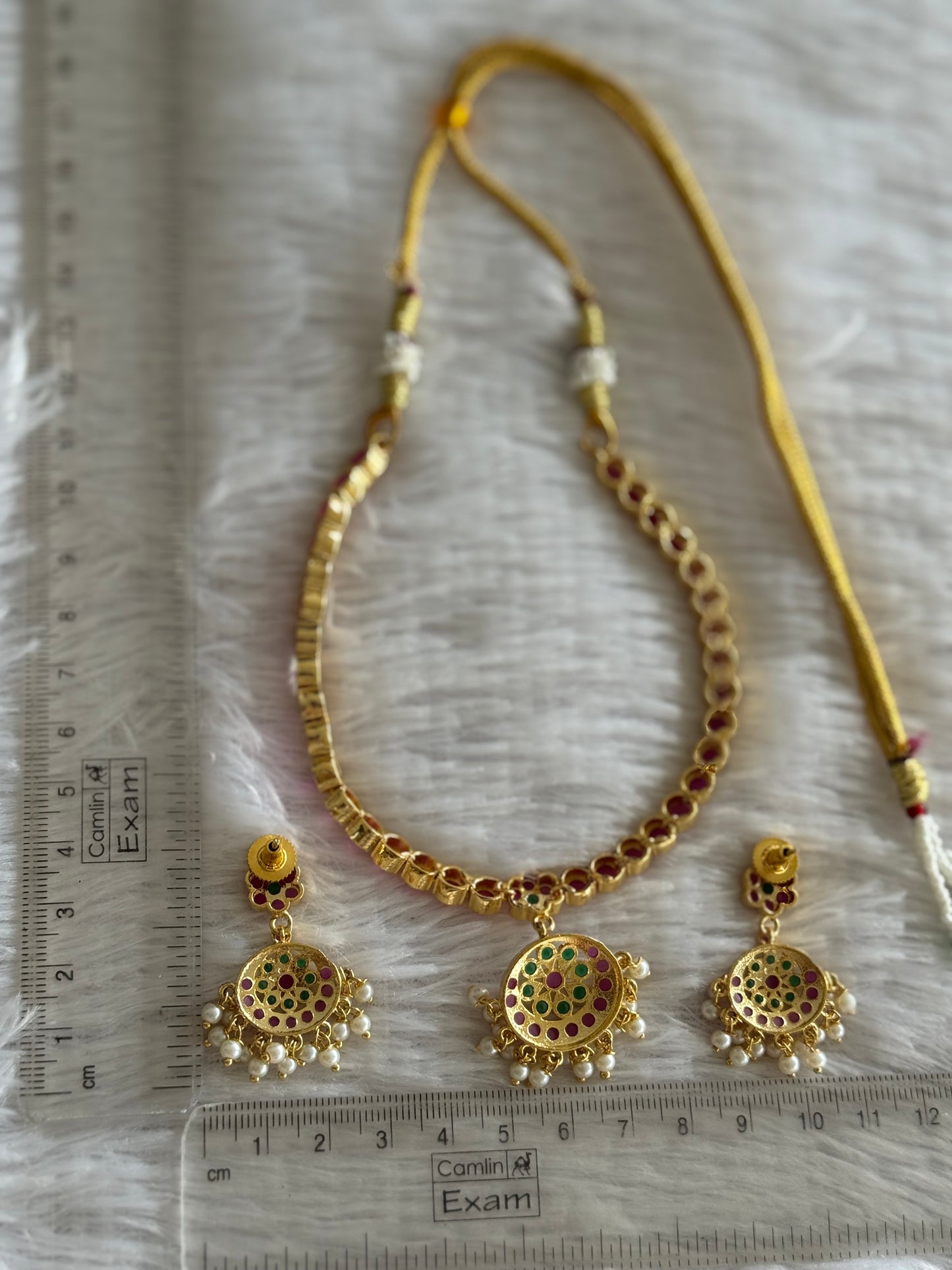 Gold tone AD ruby-green south indian style attigai/necklace set dj-51669