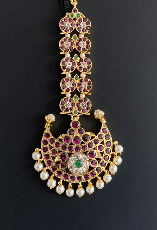 Gold tone precious kemp pearl mango moon tikka dj-20187