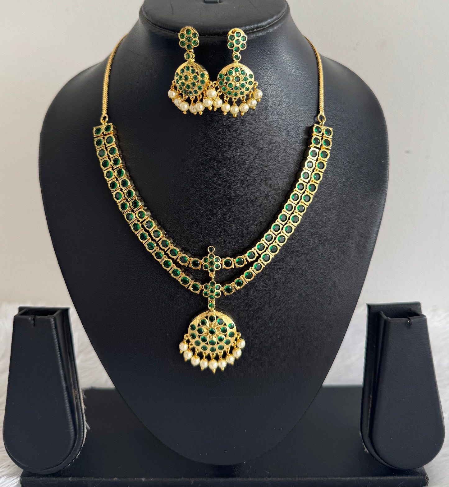Gold tone AD green south indian style double layer necklace set dj-51674