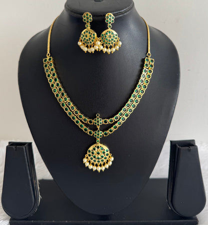 Gold tone AD green south indian style double layer necklace set dj-51674
