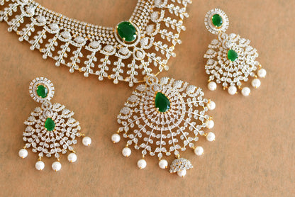 Two tone emerald-white bridal big necklace set dj-51981