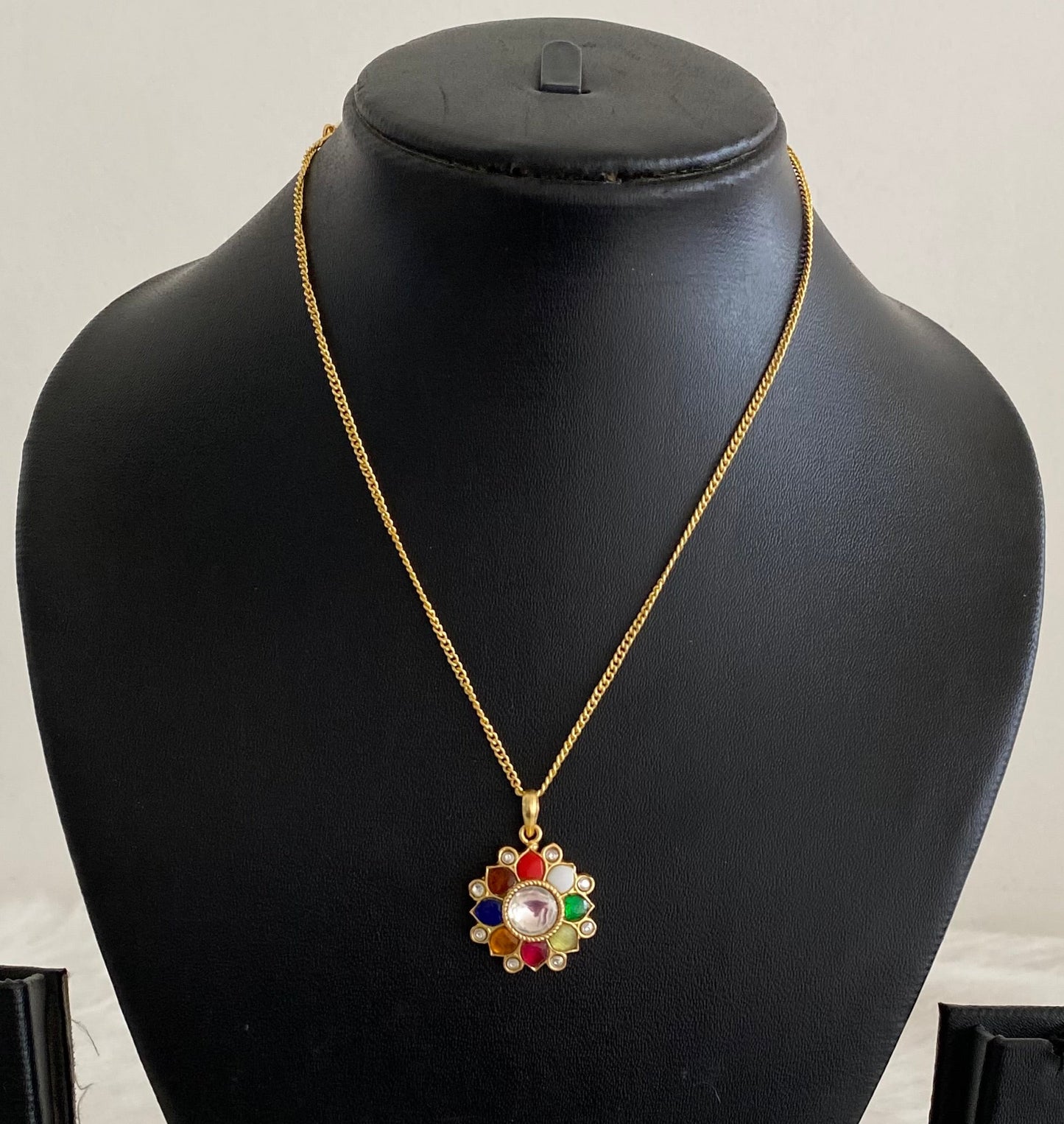 Gold tone navarathna flower kundan jadau chain with pendant dj-54503