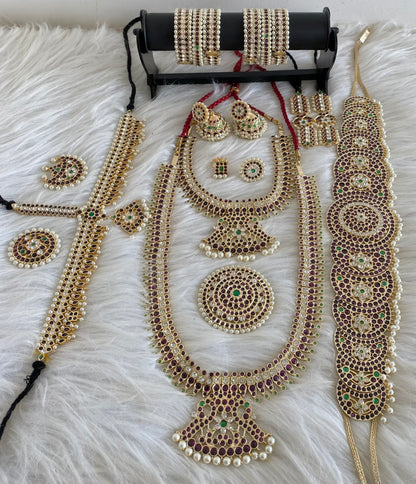 Gold tone precious kemp-green-white pearl peacock bridal set dj-53965