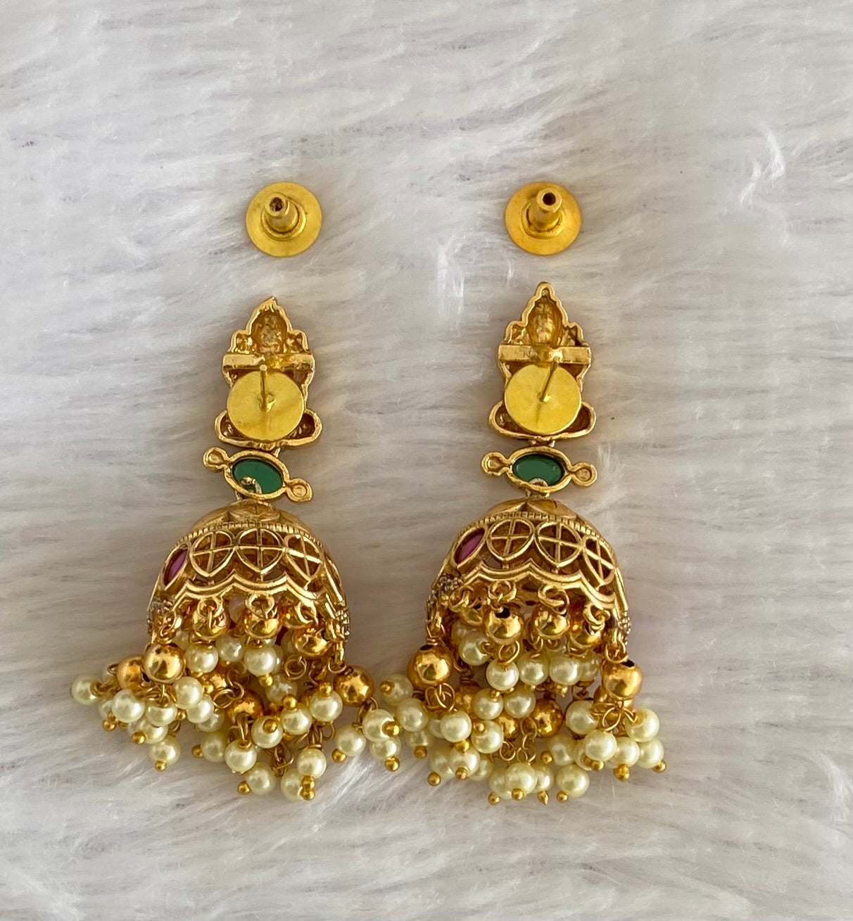 Antique gold tone kemp-green-white pearl lakshmi jhumkka dj-53592