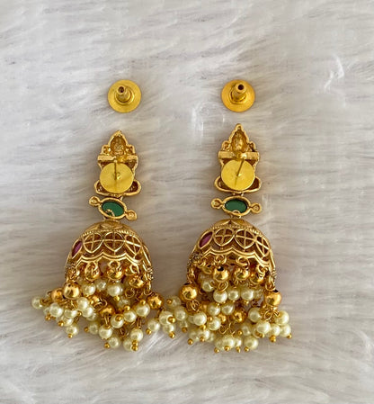 Antique gold tone kemp-green-white pearl lakshmi jhumkka dj-53592