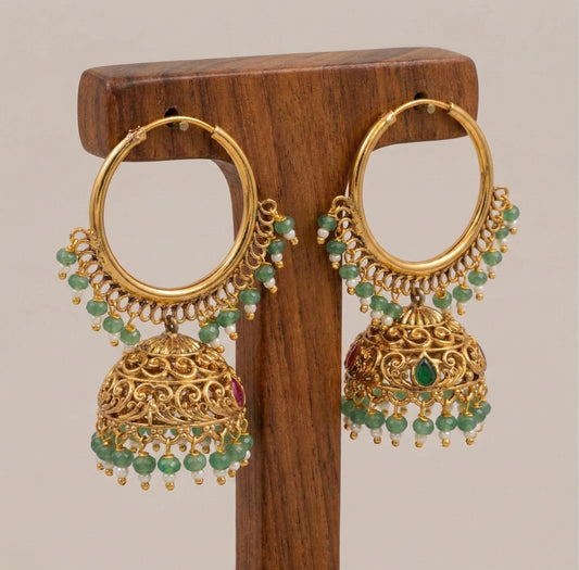 Antique gold tone pink-green beaded hoop jhumkka dj-51053