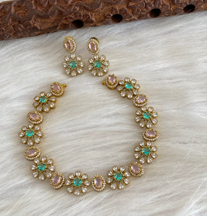 Antique gold tone cz white stone baby pink peacock green stone necklace set dj-54809