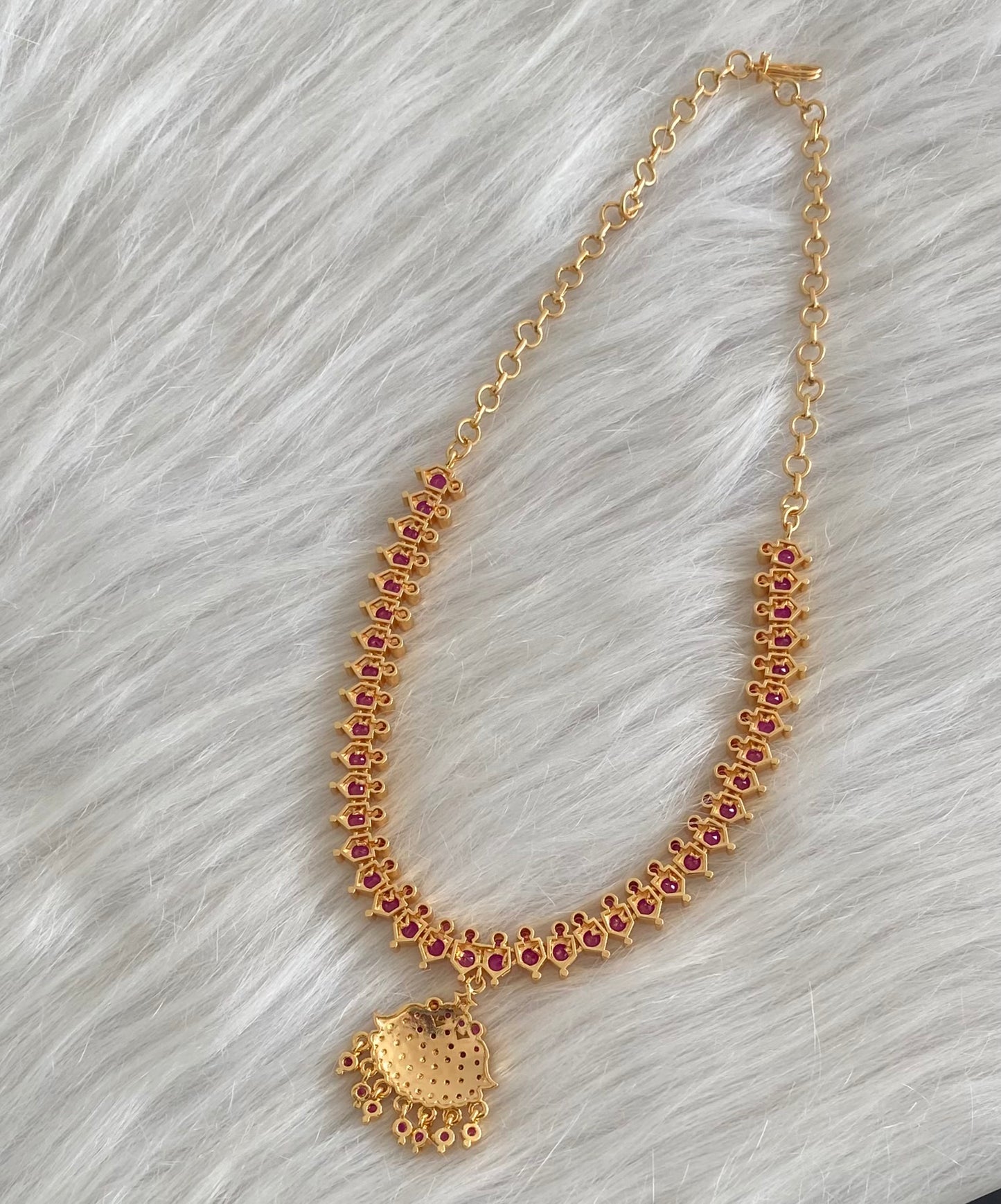 Gold tone AD pink stone south indian necklace dj-53896