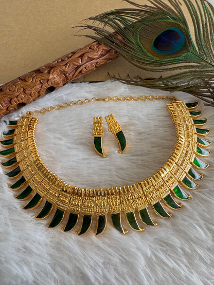 Gold look alike green-pink kerala style pulinagam big necklace set dj-51721