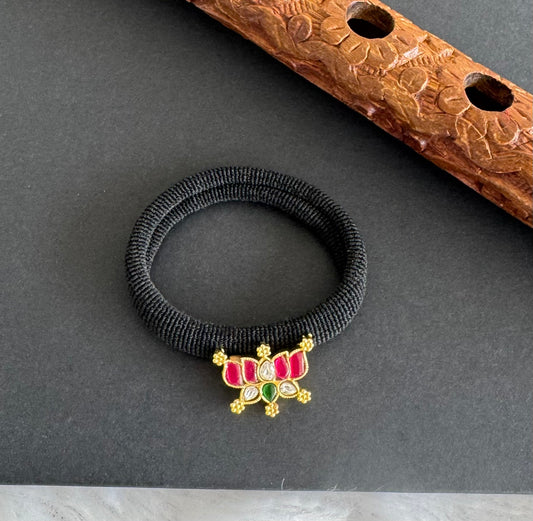 Gold tone pink-green-white kundan jadau lotus hair band dj-51488