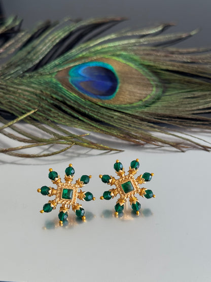 Gold tone green square stone beaded stud/earrings dj-51596