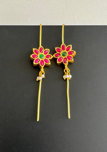 Gold tone pink-green kundan jadau flower bugadi needle earrings dj-51127