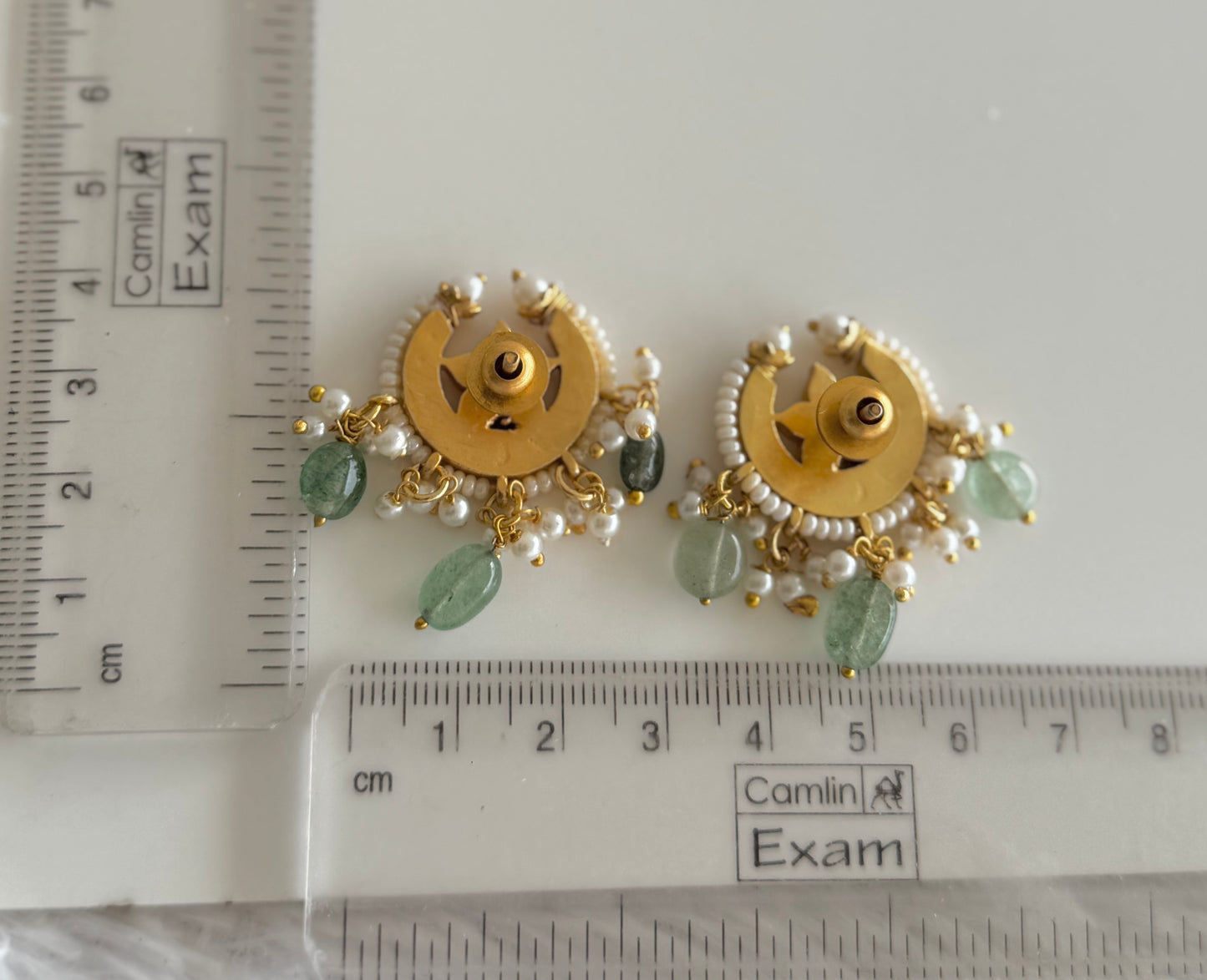 Gold tone pink-white kundan jadau green moon big stud/earrings dj-51502