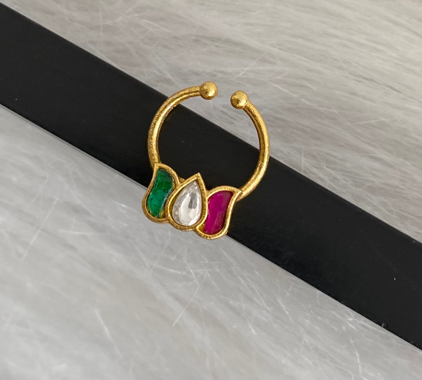 Gold tone kundan jadau pink-green-white stone lotus nose pin/bulakku dj-53752