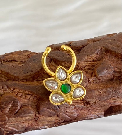 Gold tone kundan jadau green-white stone flower nose pin/bulakku dj-53779