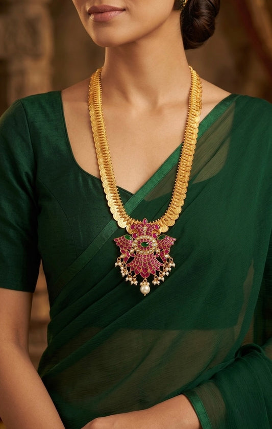 Gold tone kundan jadau ganda berunda pendant lakshmi coin haar dj-54040