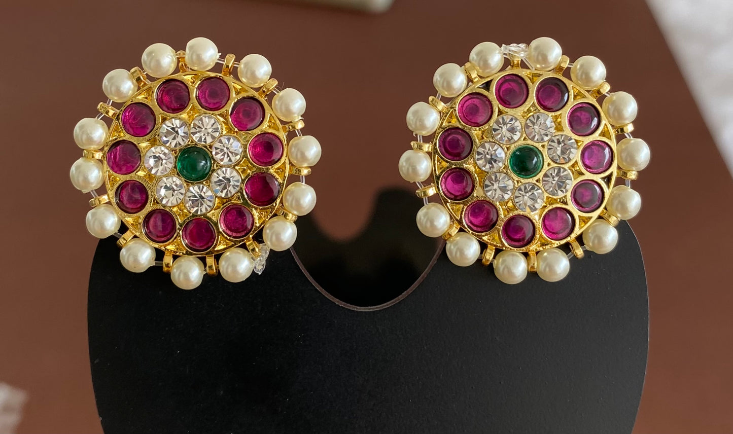 Gold tone precious kemp-green-white stone pearl round big stud/earrings dj-53221