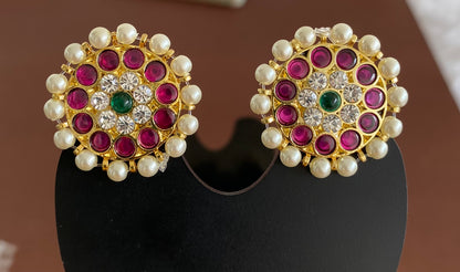 Gold tone precious kemp-green-white stone pearl round big stud/earrings dj-53221