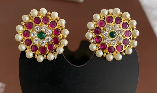 Gold tone precious kemp-green-white stone pearl round big stud/earrings dj-53221