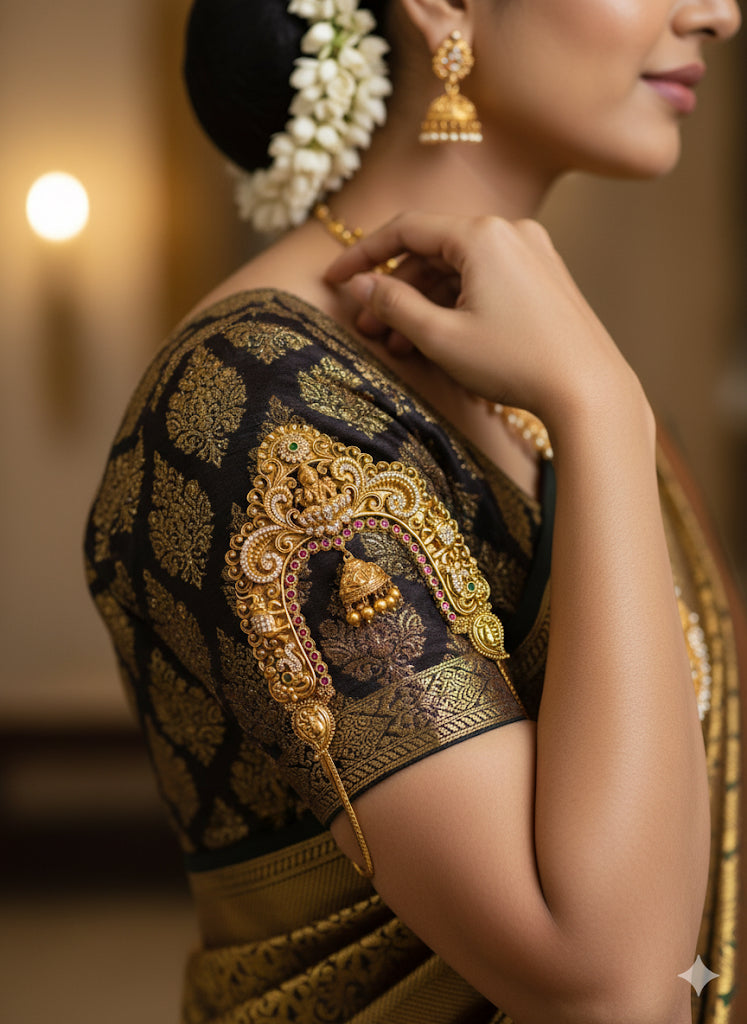 Antique matte finish cz kemp-green lakshmi peacock elephant vanki/bajuband dj-49069
