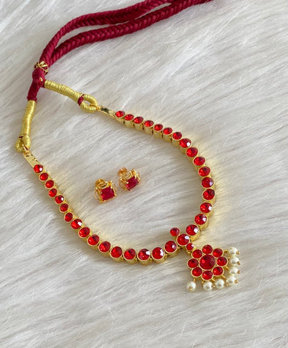 Gold tone AD red stone pearl attigai necklace set dj-55029
