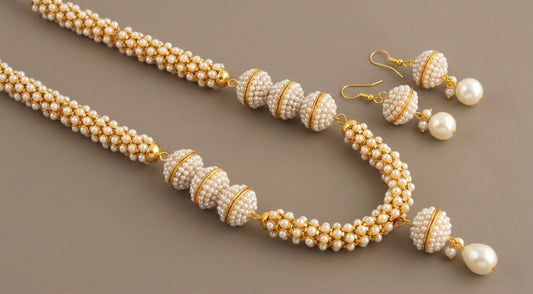 Antique gold tone pearl beaded necklace set -dj12833