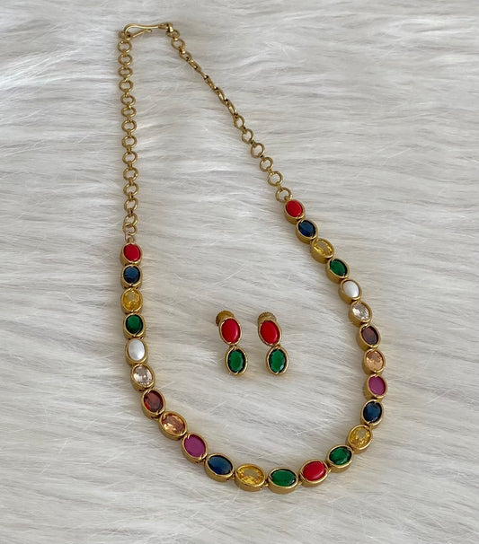 Antique gold tone navarathna oval stone necklace set dj-54080