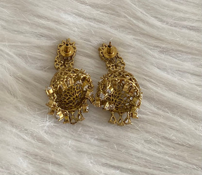 Dark antique gold tone flower white stone jhumkka dj-54647