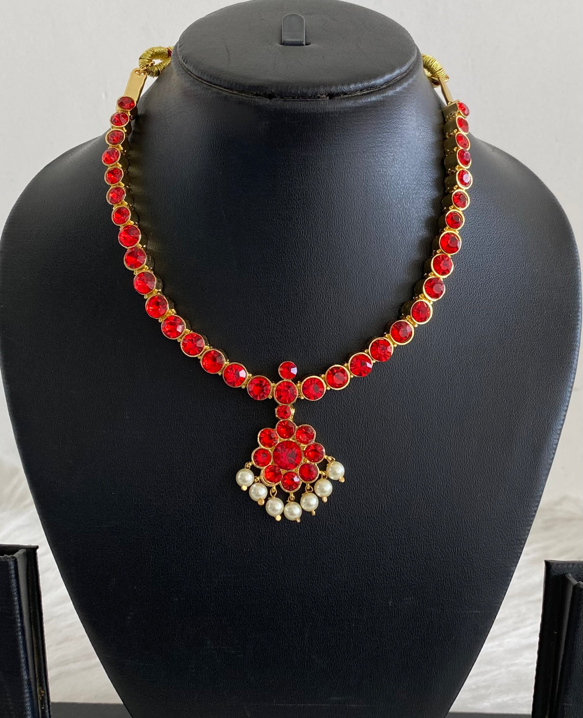 Gold tone AD red stone pearl attigai necklace dj-54988