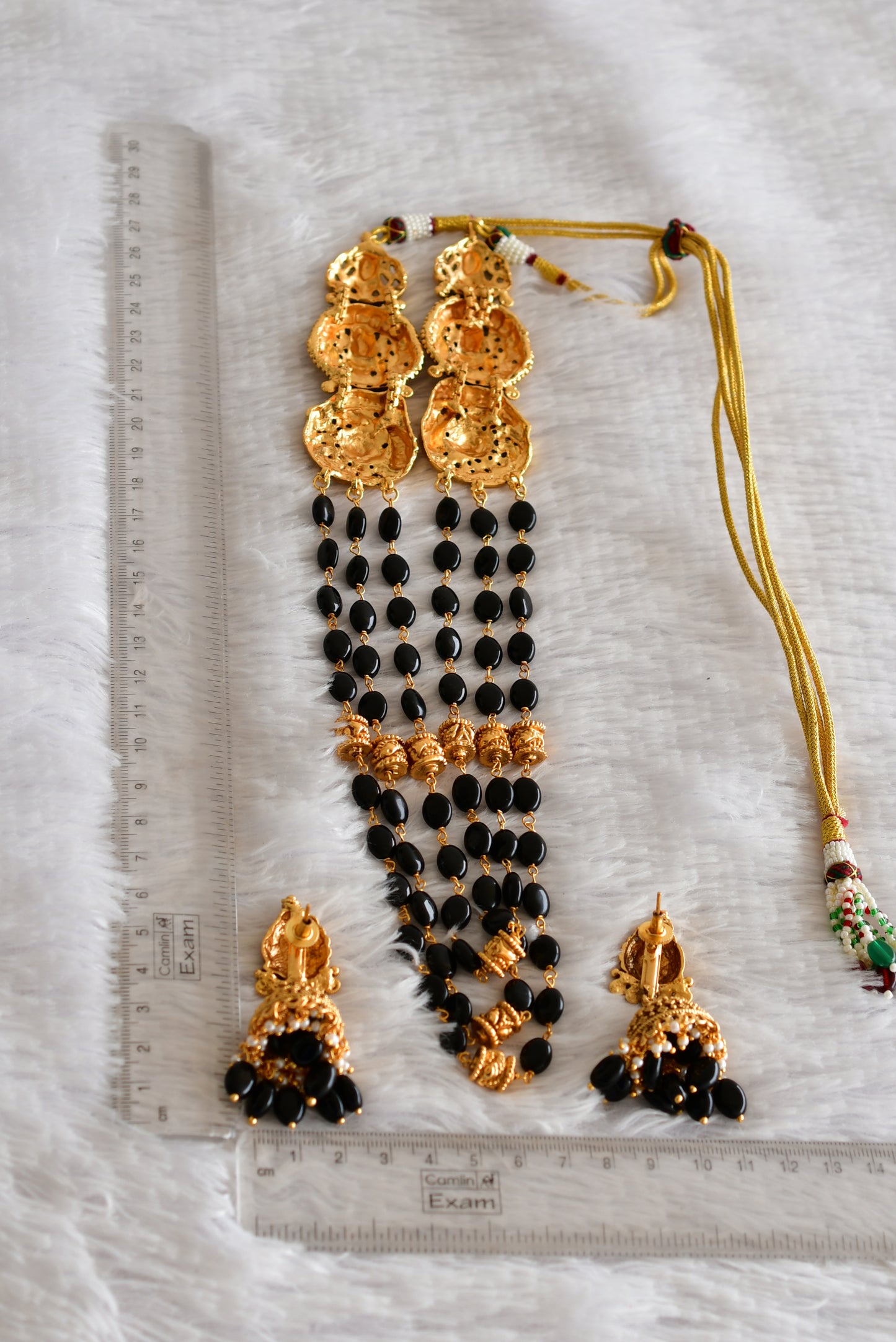 Antique gold tone black beaded lakshmi peacock multi layer haar set dj-52425